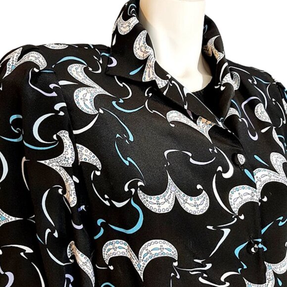 1980s 90s Vintage Black Print Silk Designer Tunic Oversized Blouse Emilio Pucci - Picture 3 of 7